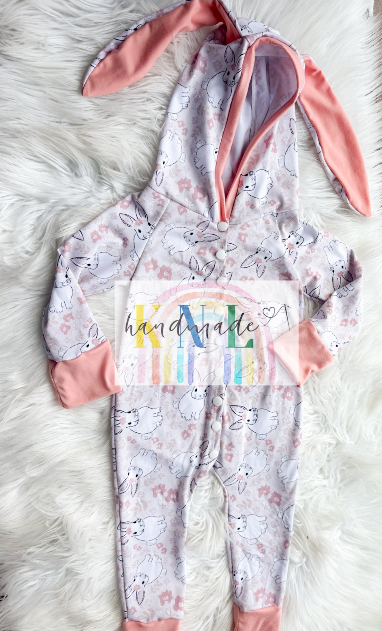 6-9m snap romper with hood + bunny ears